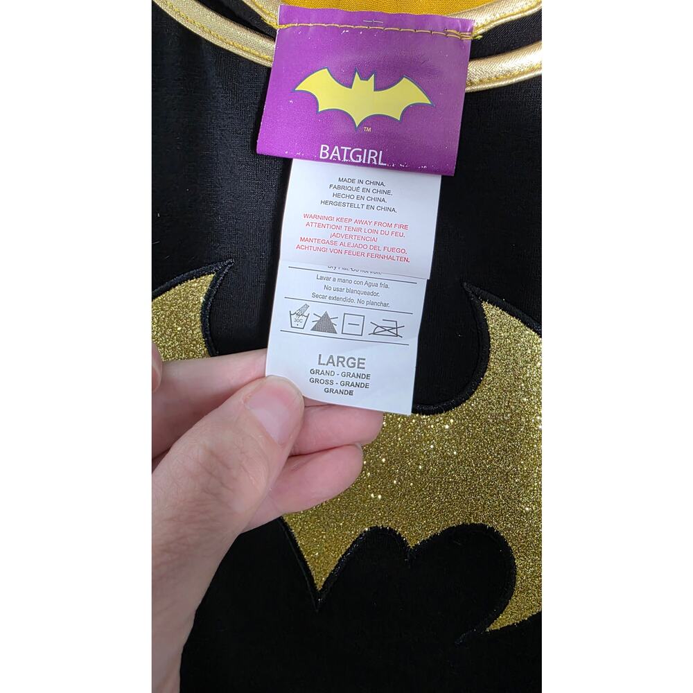 DC Batgirl Costume Women's Large 12-14 Black Gold Dress Cape Mask 3 Pc - Picture 7 of 12